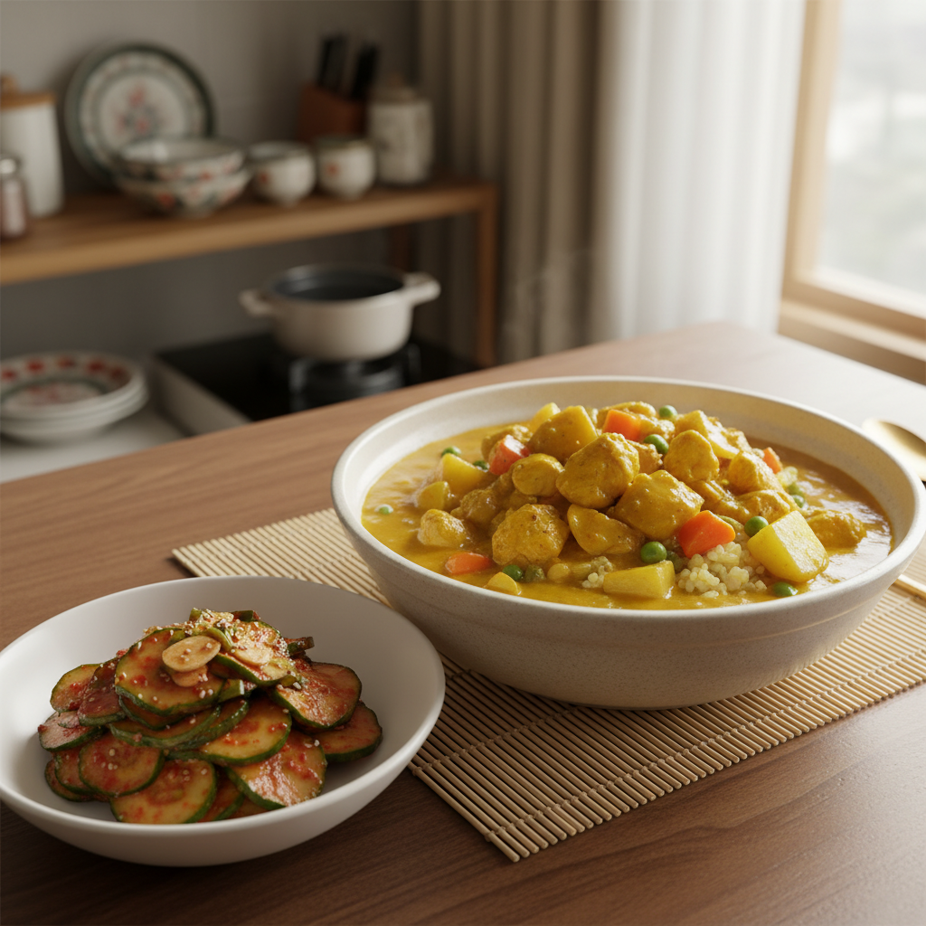 카레라이스 다음으로 곁들이기 좋은 음식과 함께 놓은 이미지