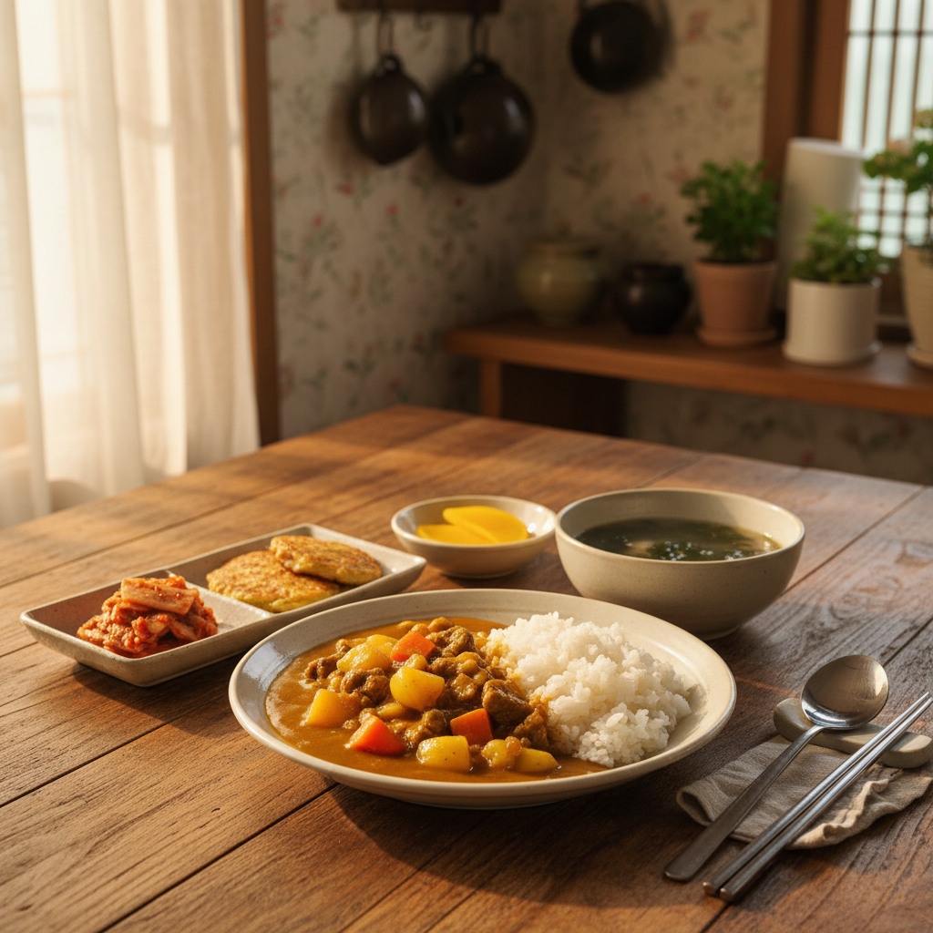 카레라이스 완성된 음식과 반찬을 함께 차린 이미지