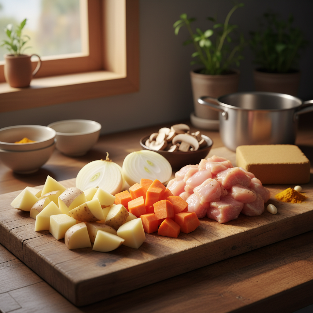 카레라이스 주재료를 손질 크기에 맞춰 정리한 이미지