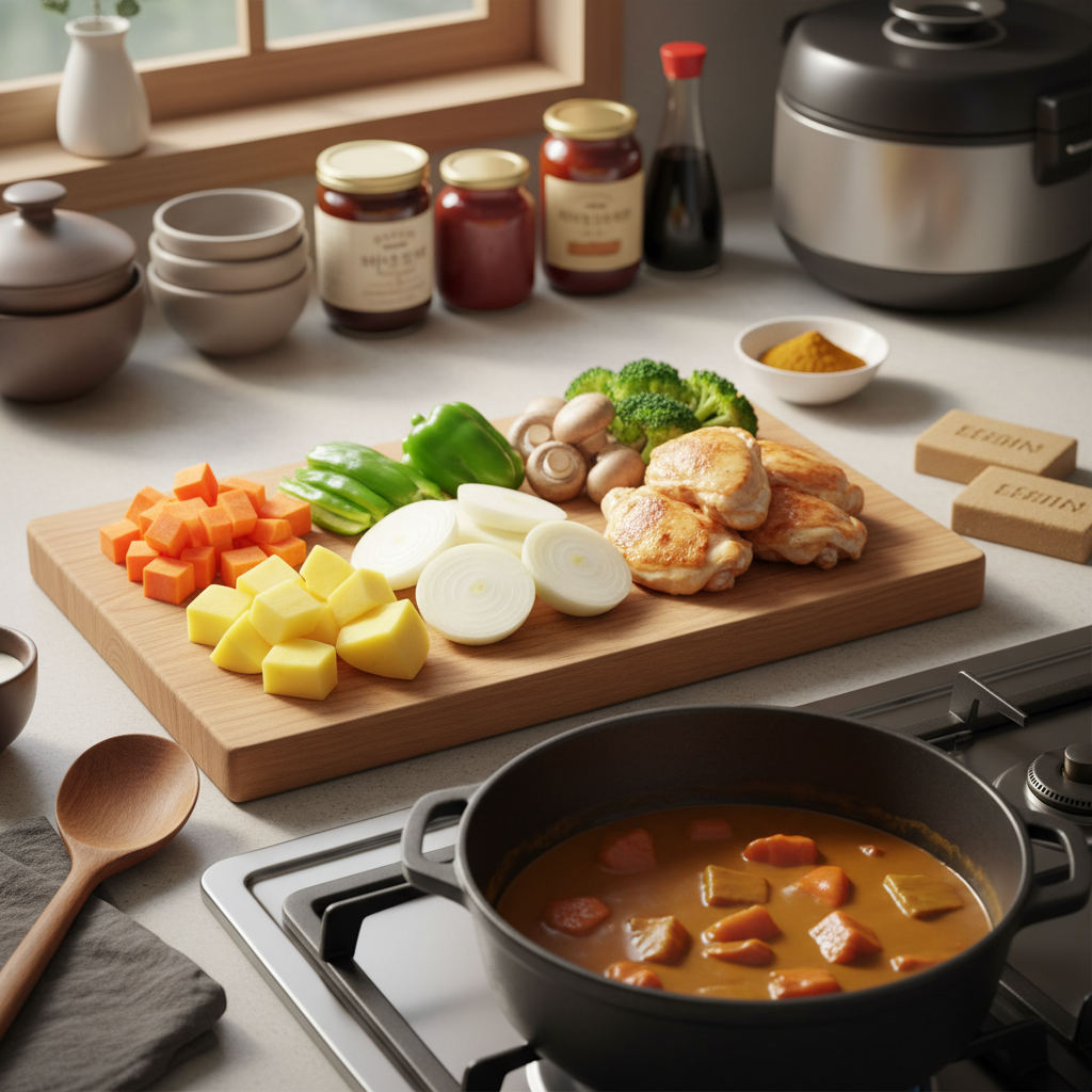 카레라이스 도마 위에 채소와 부재료를 정리한 이미지