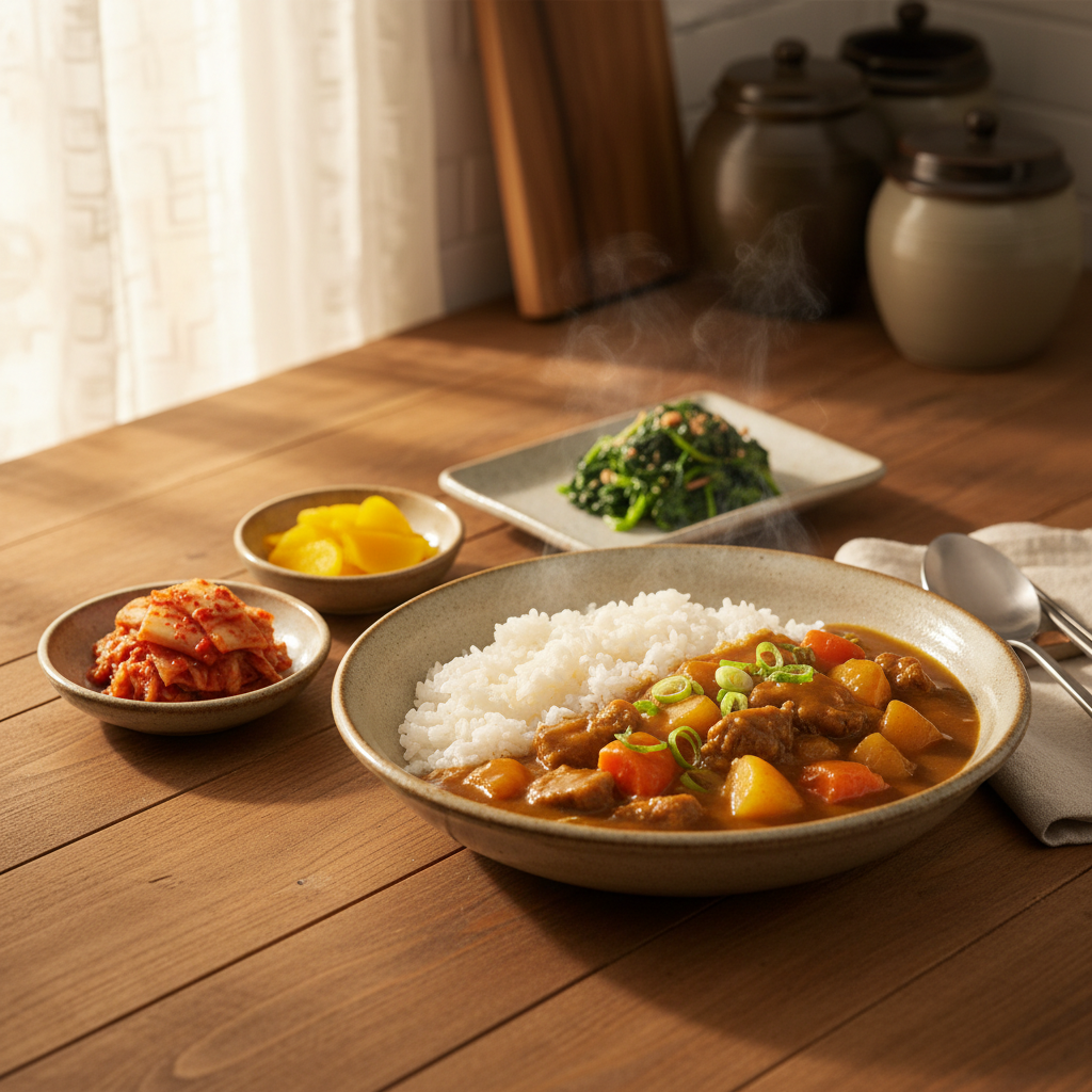 카레라이스 완성된 음식과 반찬을 함께 차린 이미지