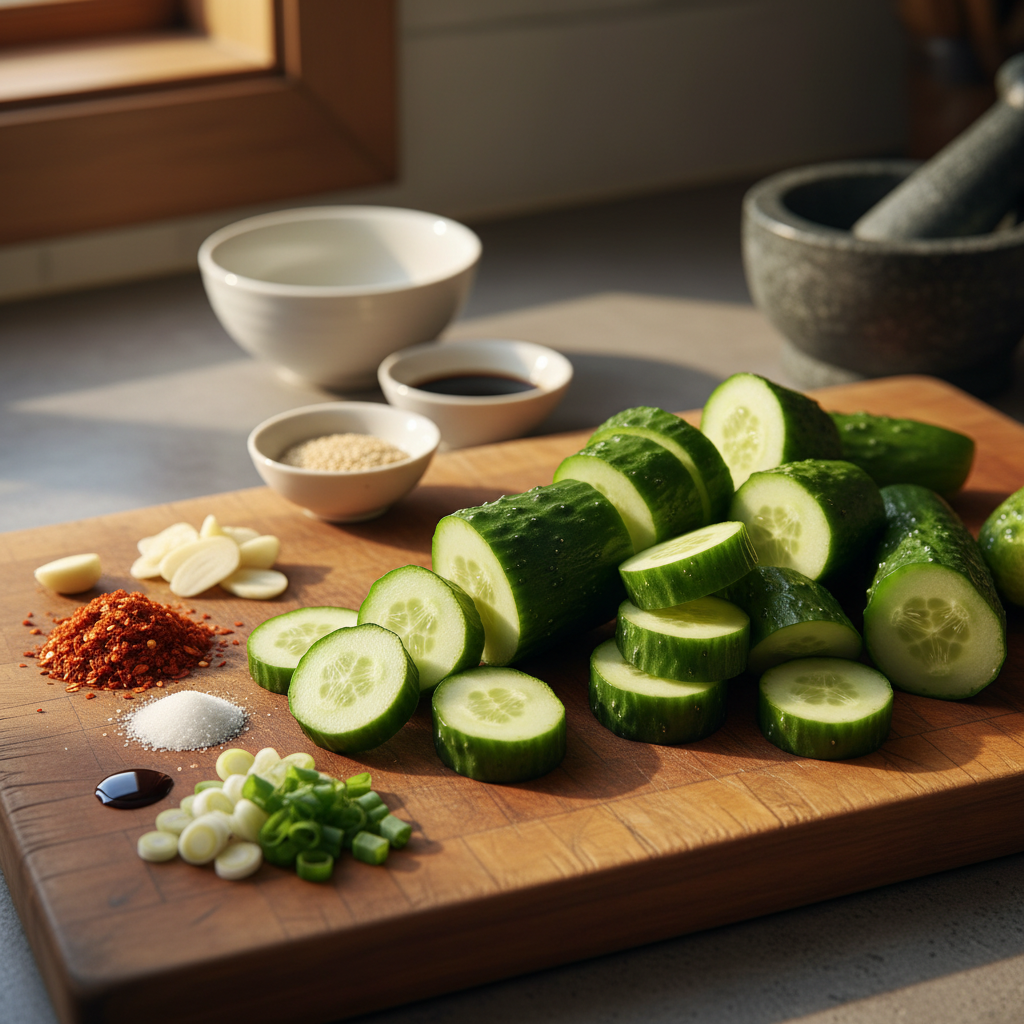 오이무침 주재료를 손질 크기에 맞춰 정리한 이미지