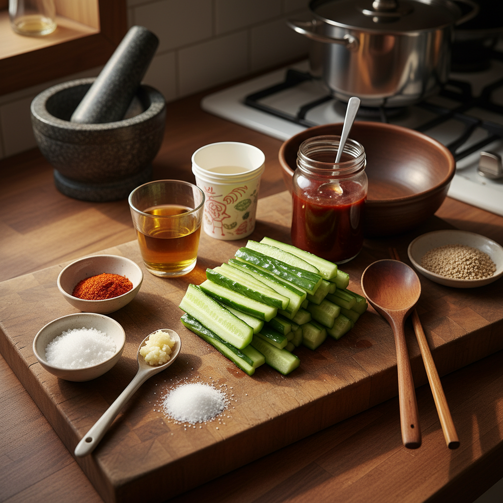 오이무침 재료를 종이컵과 밥숟가락 기준으로 준비한 이미지