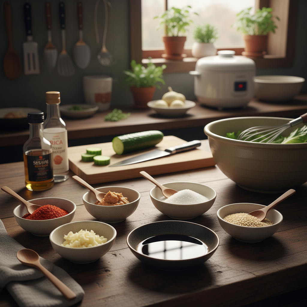 오이무침 밥숟가락 기준 양념을 소분한 이미지