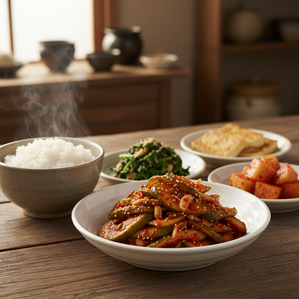 오이무침 완성된 음식과 반찬을 함께 차린 이미지