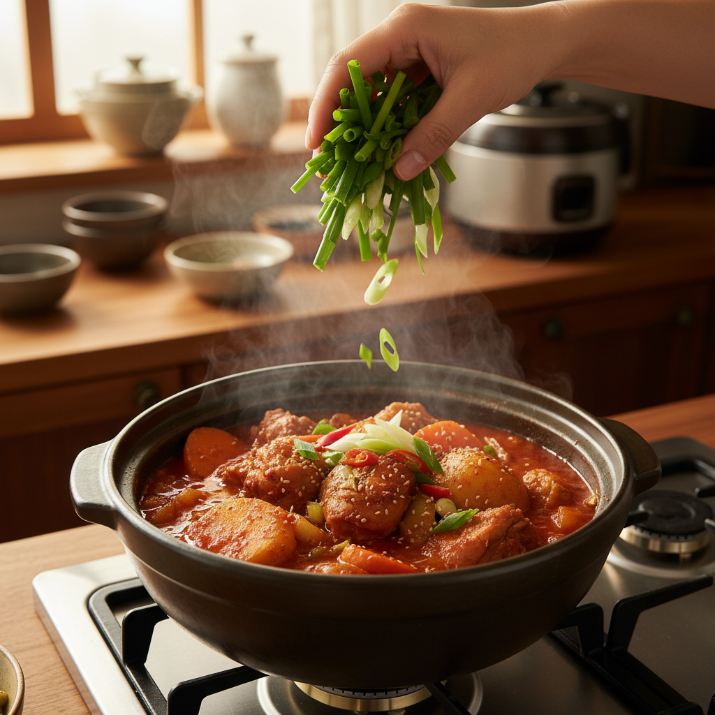 닭볶음탕 대파나 마지막 재료를 넣는 이미지