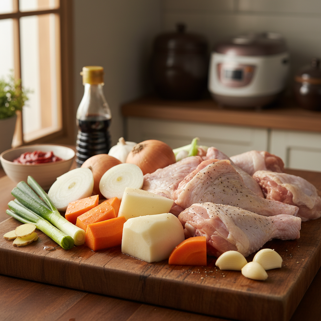 닭볶음탕 주재료를 손질 크기에 맞춰 정리한 이미지