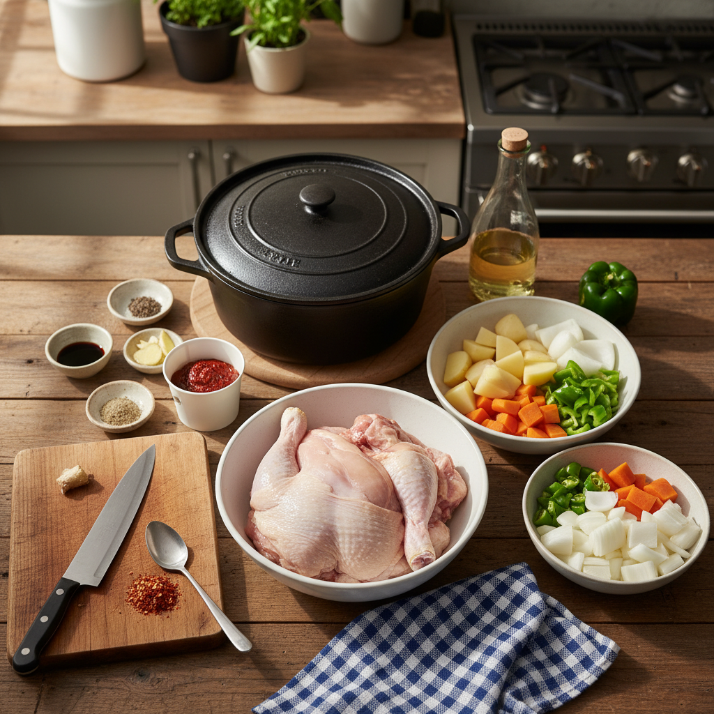 닭볶음탕 재료를 종이컵과 밥숟가락 기준으로 준비한 이미지