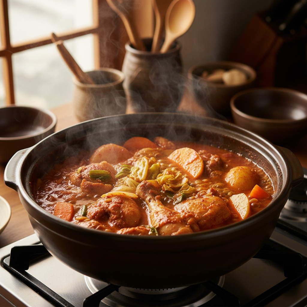 닭볶음탕 중간 불에서 익어가는 이미지