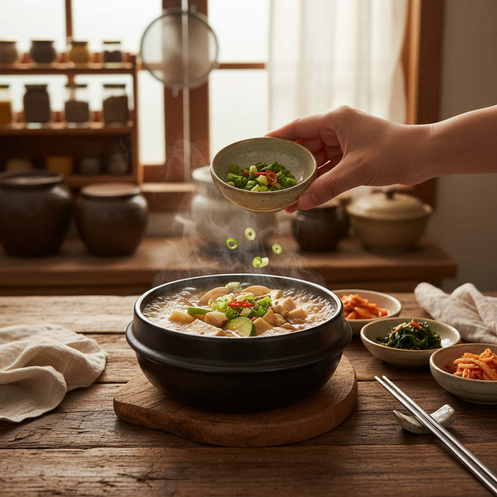 된장찌개 대파나 마지막 재료를 넣는 이미지