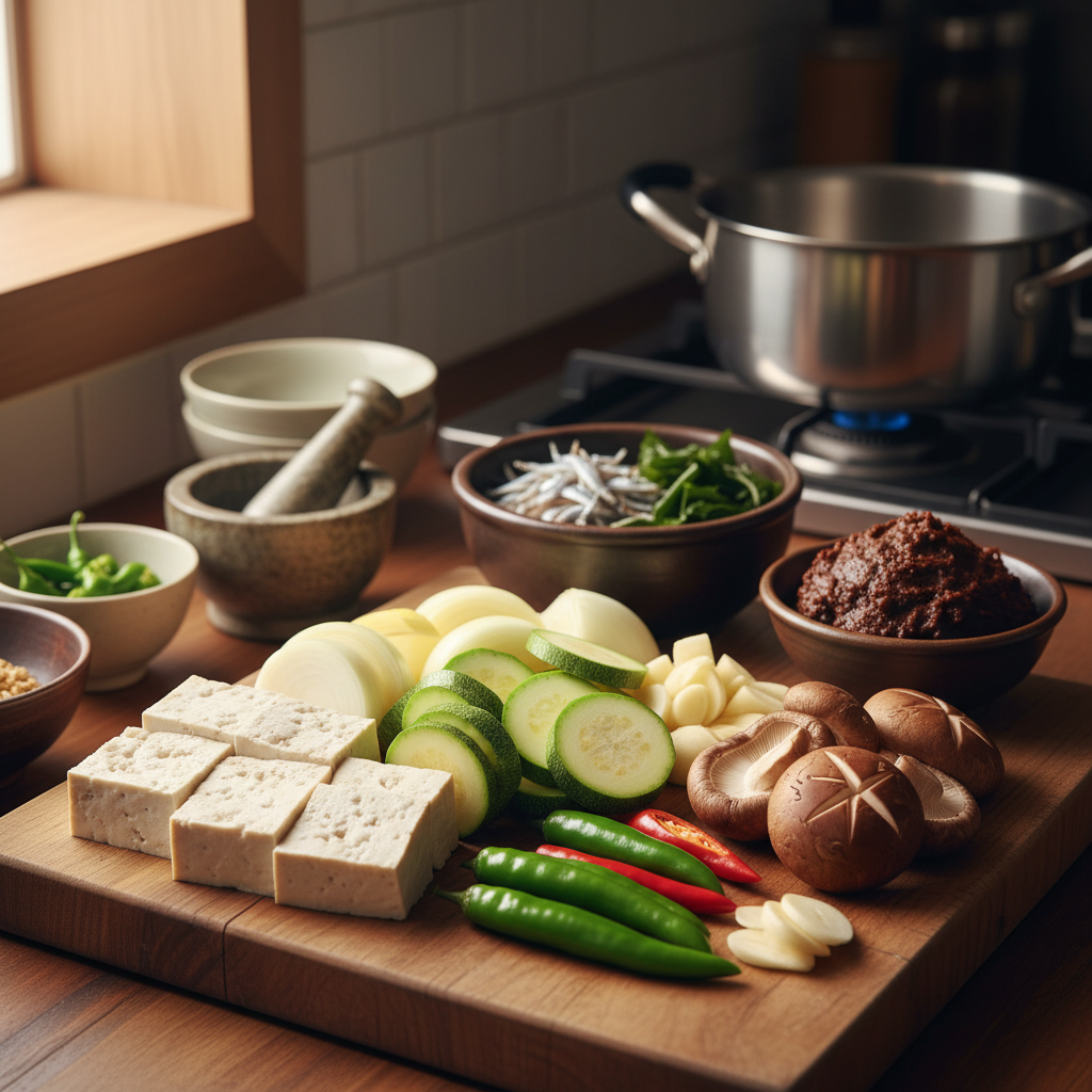 된장찌개 주재료를 손질 크기에 맞춰 정리한 이미지