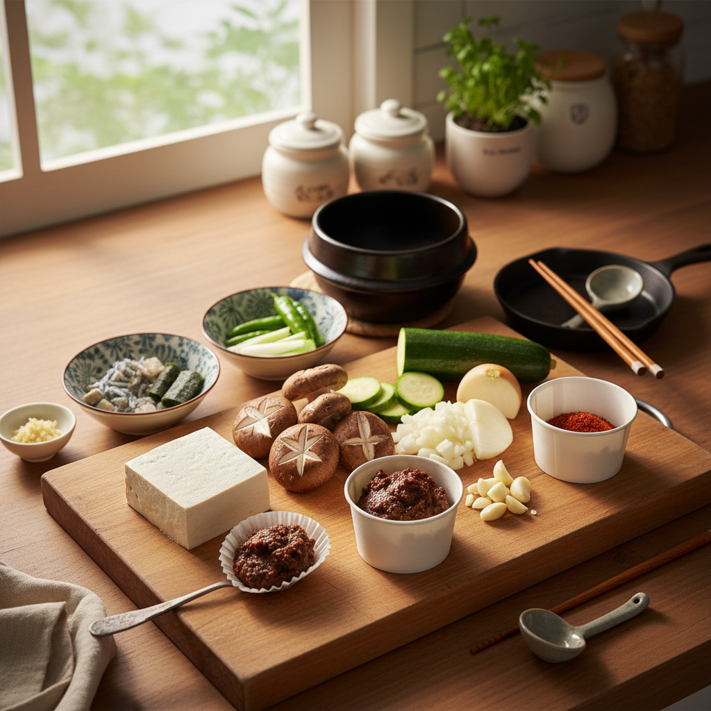 된장찌개 재료를 종이컵과 밥숟가락 기준으로 준비한 이미지