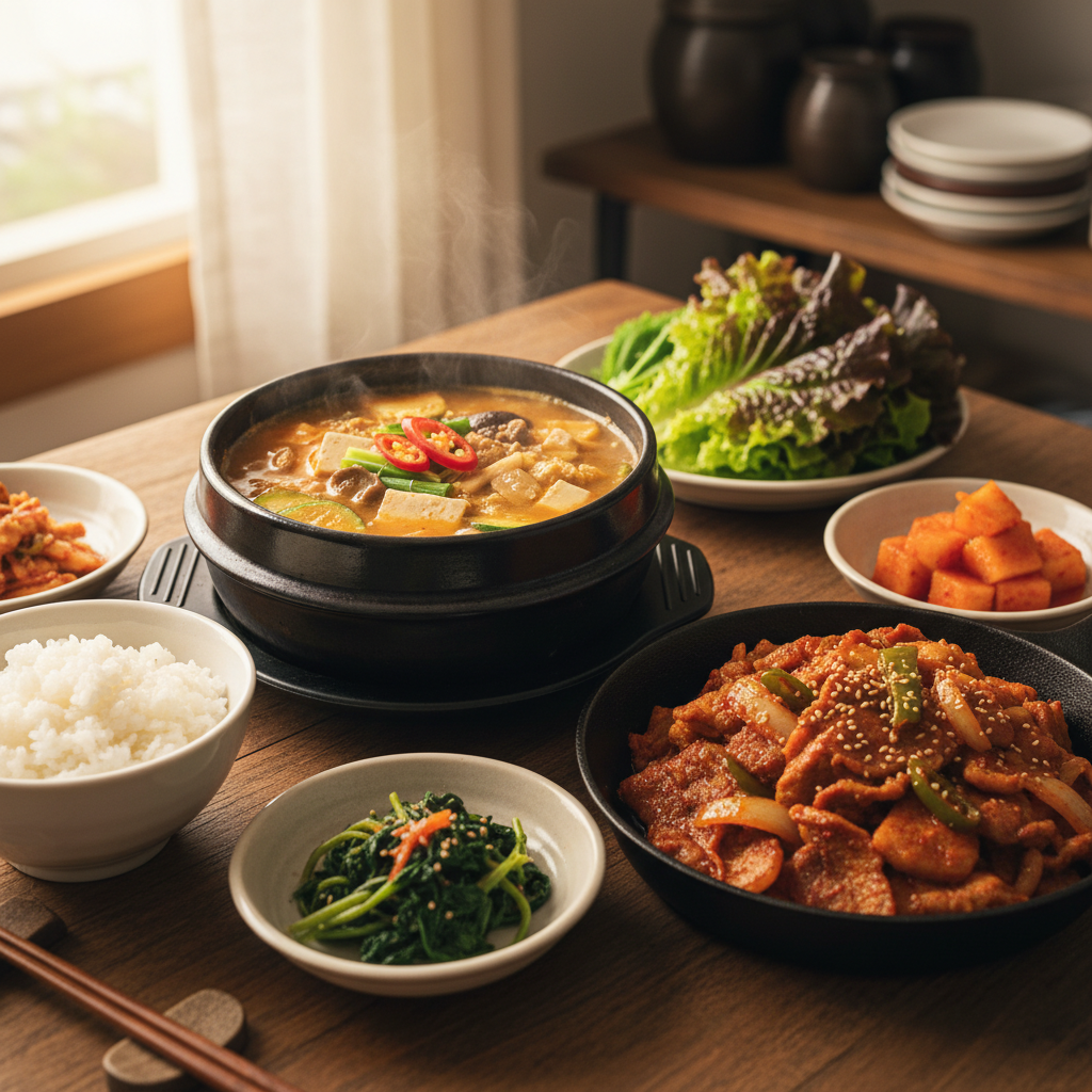 된장찌개 다음으로 곁들이기 좋은 음식과 함께 놓은 이미지