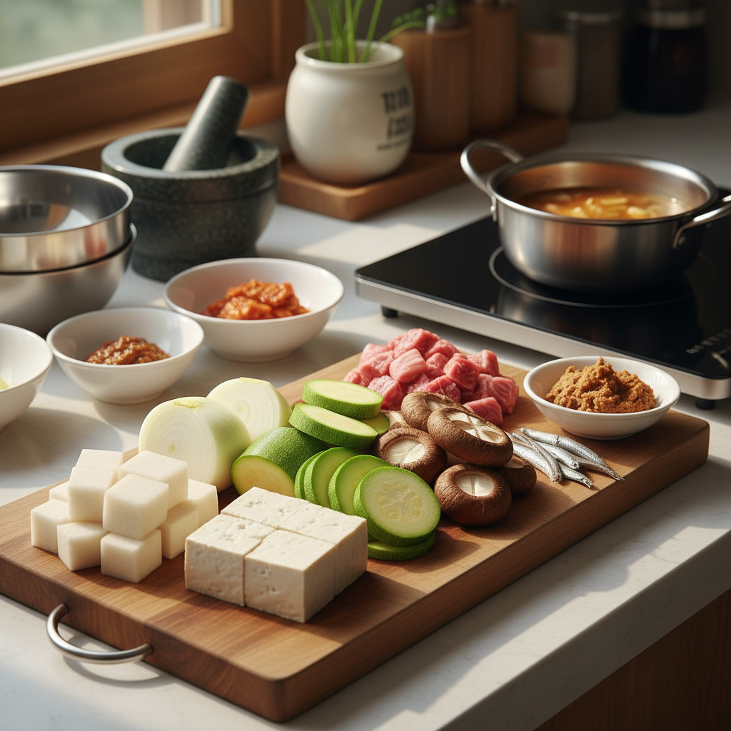 된장찌개 도마 위에 채소와 부재료를 정리한 이미지