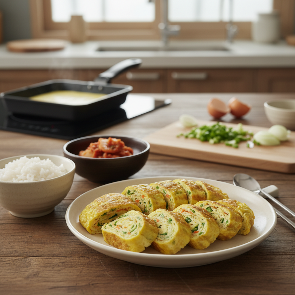 계란말이 완성된 한 상 차림 이미지