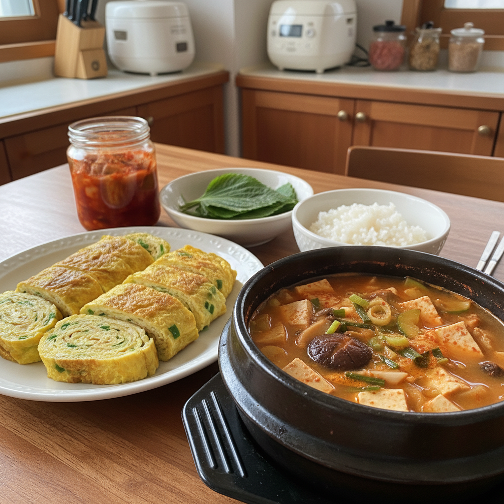 계란말이 다음으로 곁들이기 좋은 음식과 함께 놓은 이미지