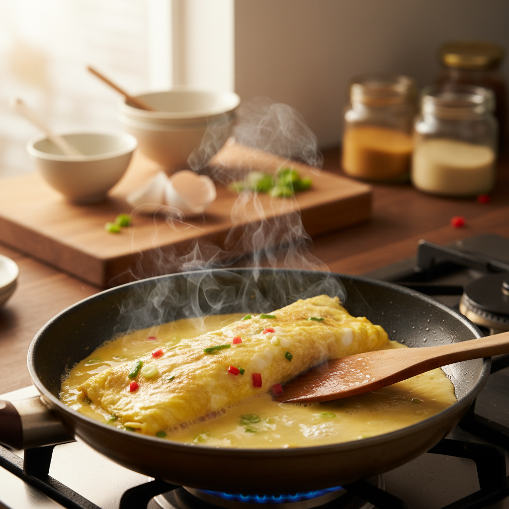 계란말이 중간 불에서 익어가는 이미지