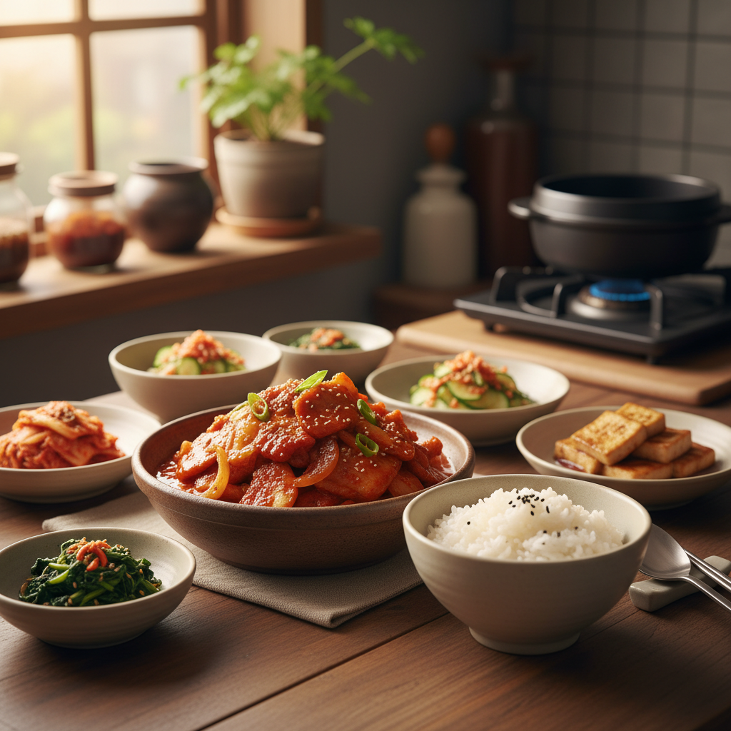 제육볶음 완성된 음식과 반찬을 함께 차린 이미지