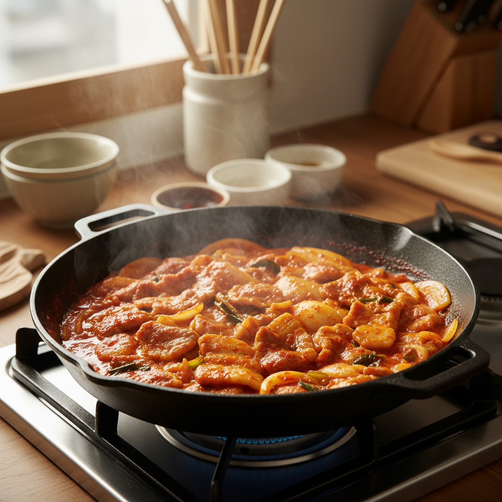 제육볶음 중간 불에서 익어가는 이미지