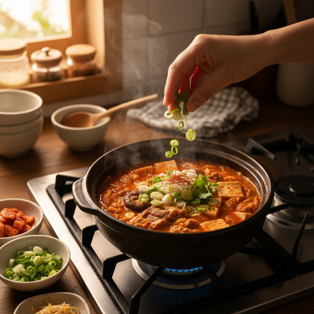 김치찌개 대파나 마지막 재료를 넣는 이미지