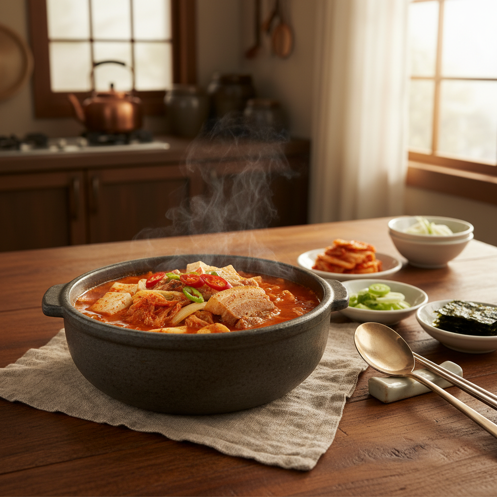 김치찌개 완성된 한 상 차림 이미지