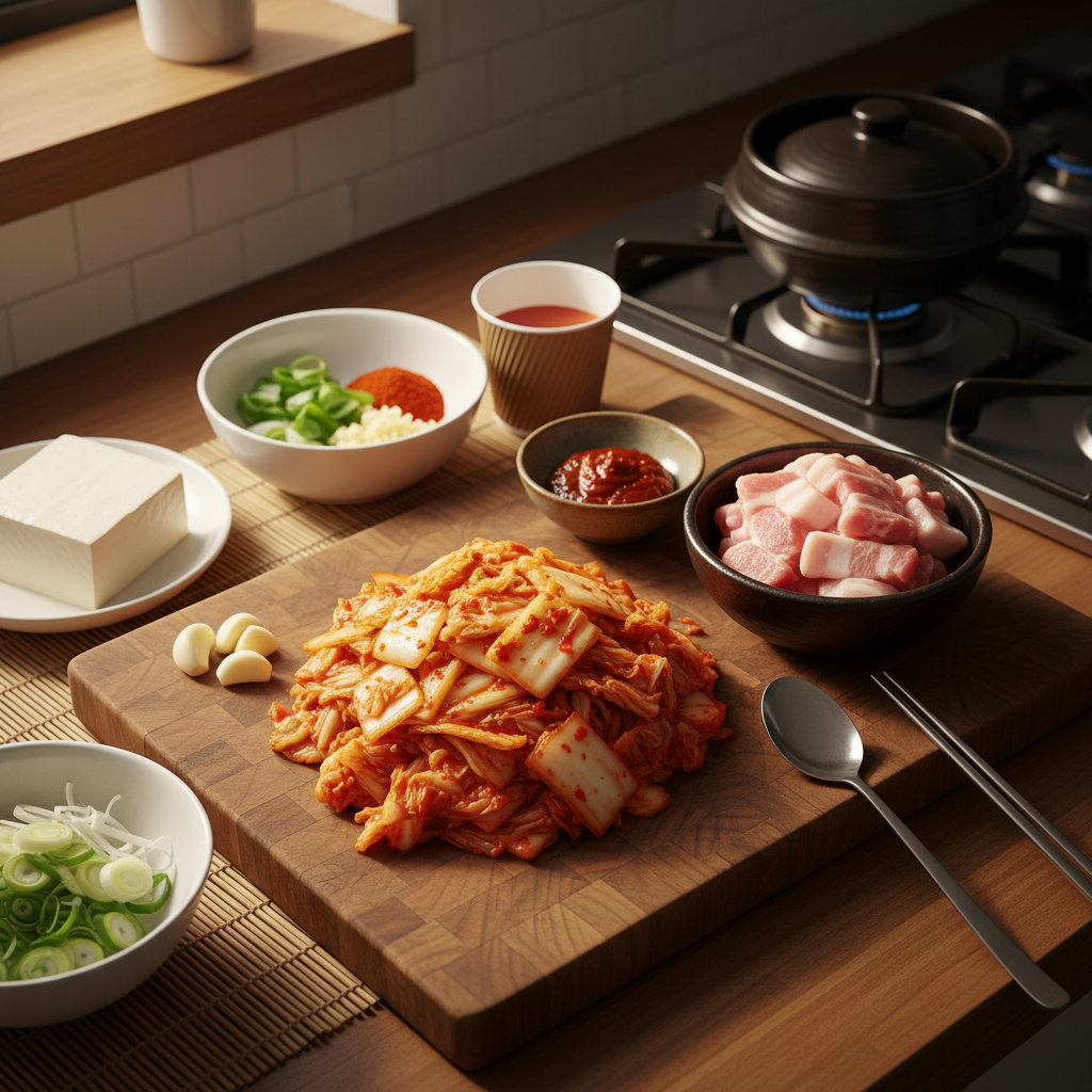 김치찌개 재료를 종이컵과 밥숟가락 기준으로 준비한 이미지