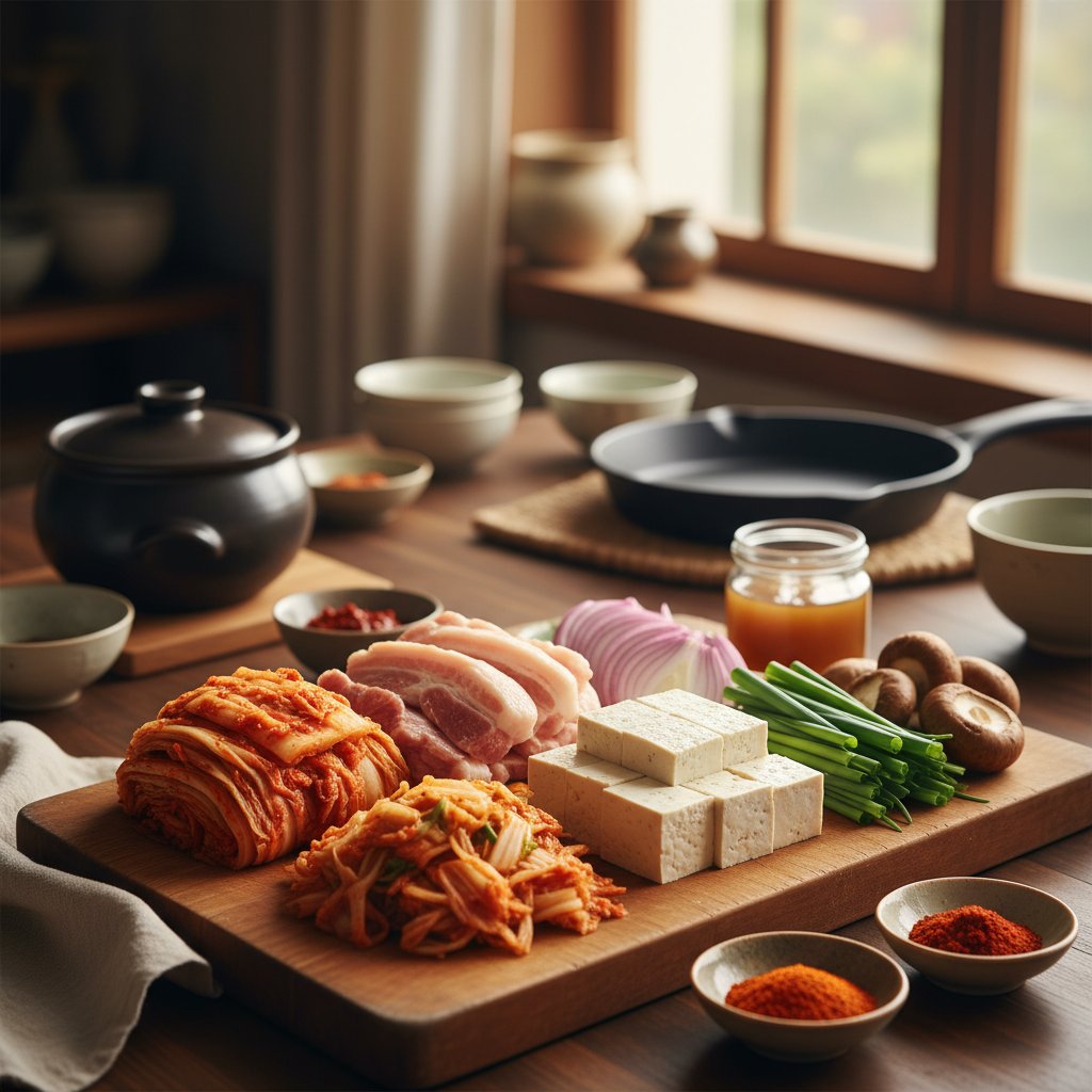 김치찌개 도마 위에 채소와 부재료를 정리한 이미지