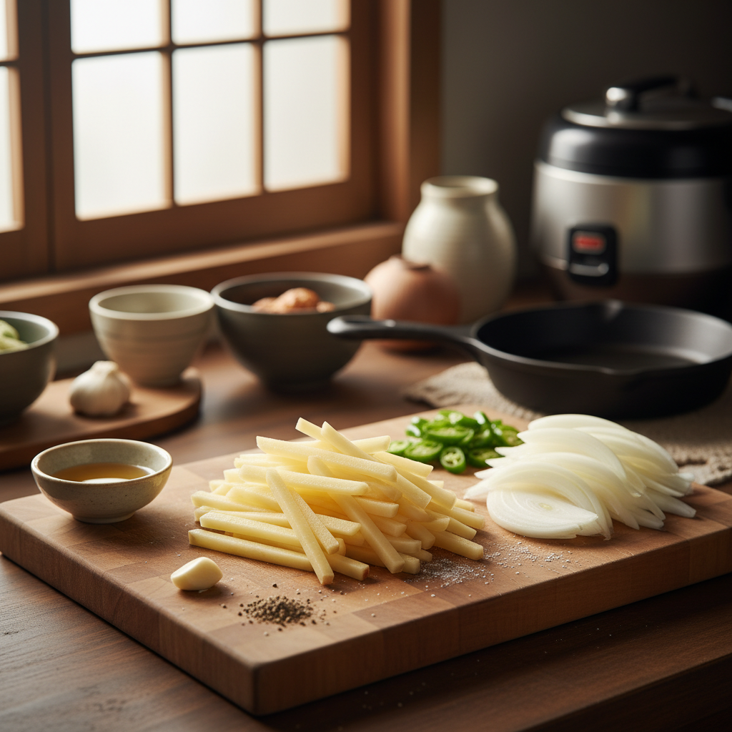 감자채볶음 주재료를 손질 크기에 맞춰 정리한 이미지