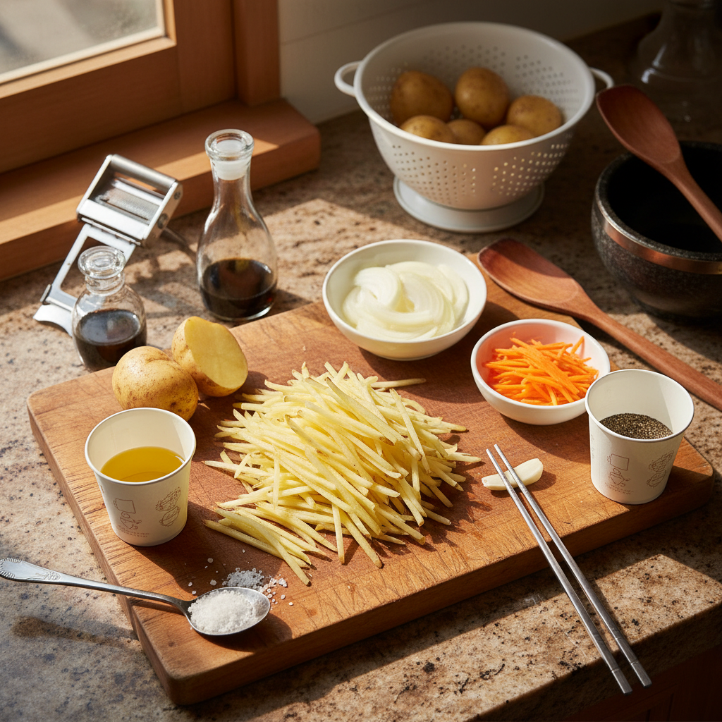 감자채볶음 재료를 종이컵과 밥숟가락 기준으로 준비한 이미지