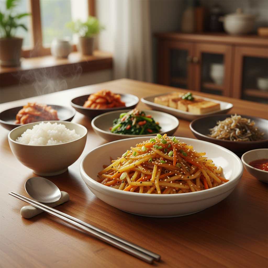 감자채볶음 완성된 음식과 반찬을 함께 차린 이미지