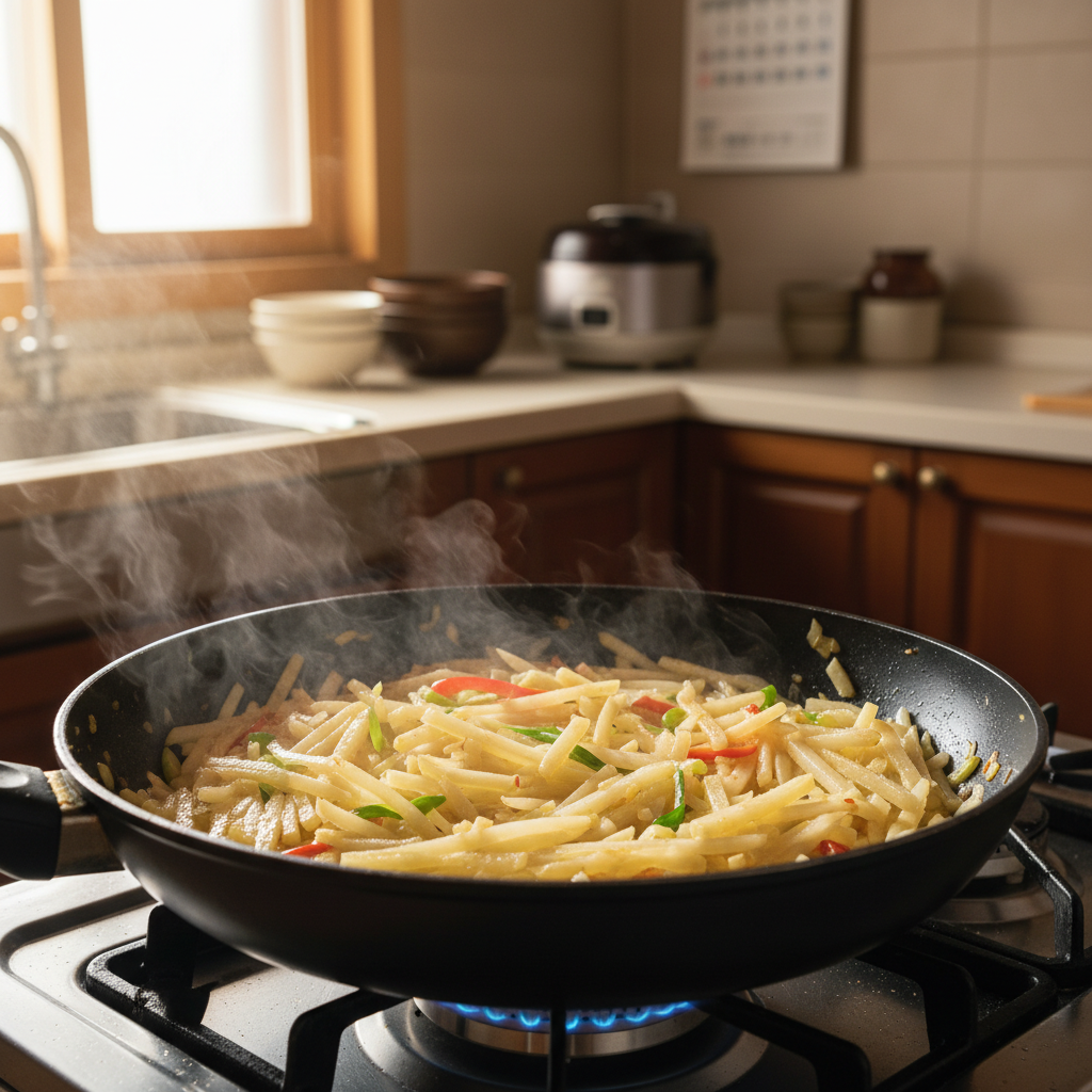 감자채볶음 중간 불에서 익어가는 이미지