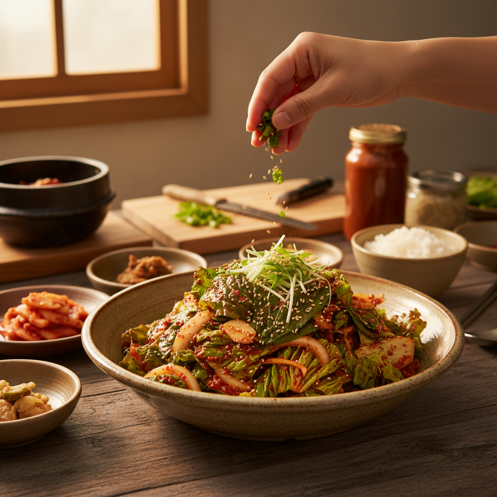 상추겉절이 대파나 마지막 재료를 넣는 이미지