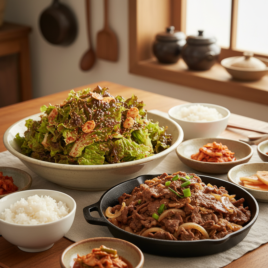 상추겉절이 다음으로 곁들이기 좋은 음식과 함께 놓은 이미지