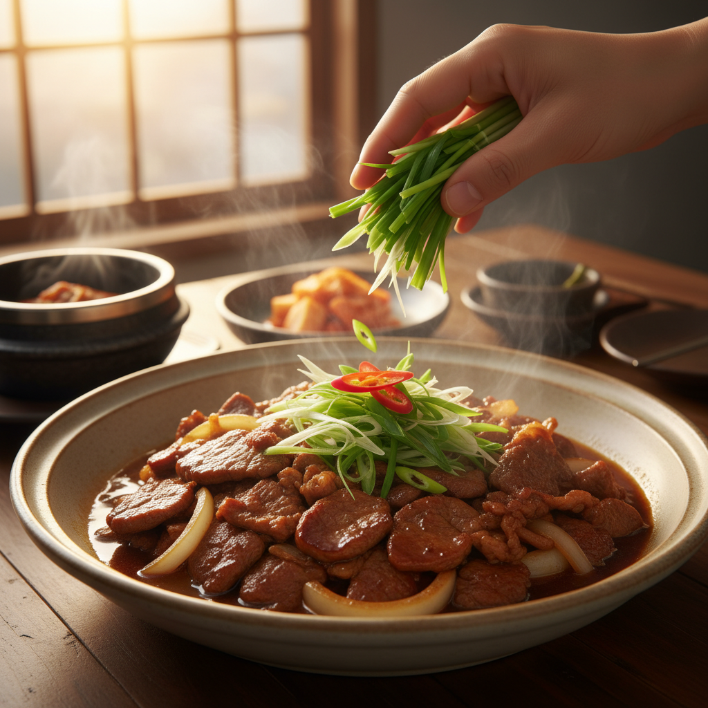 간장불고기 대파나 마지막 재료를 넣는 이미지