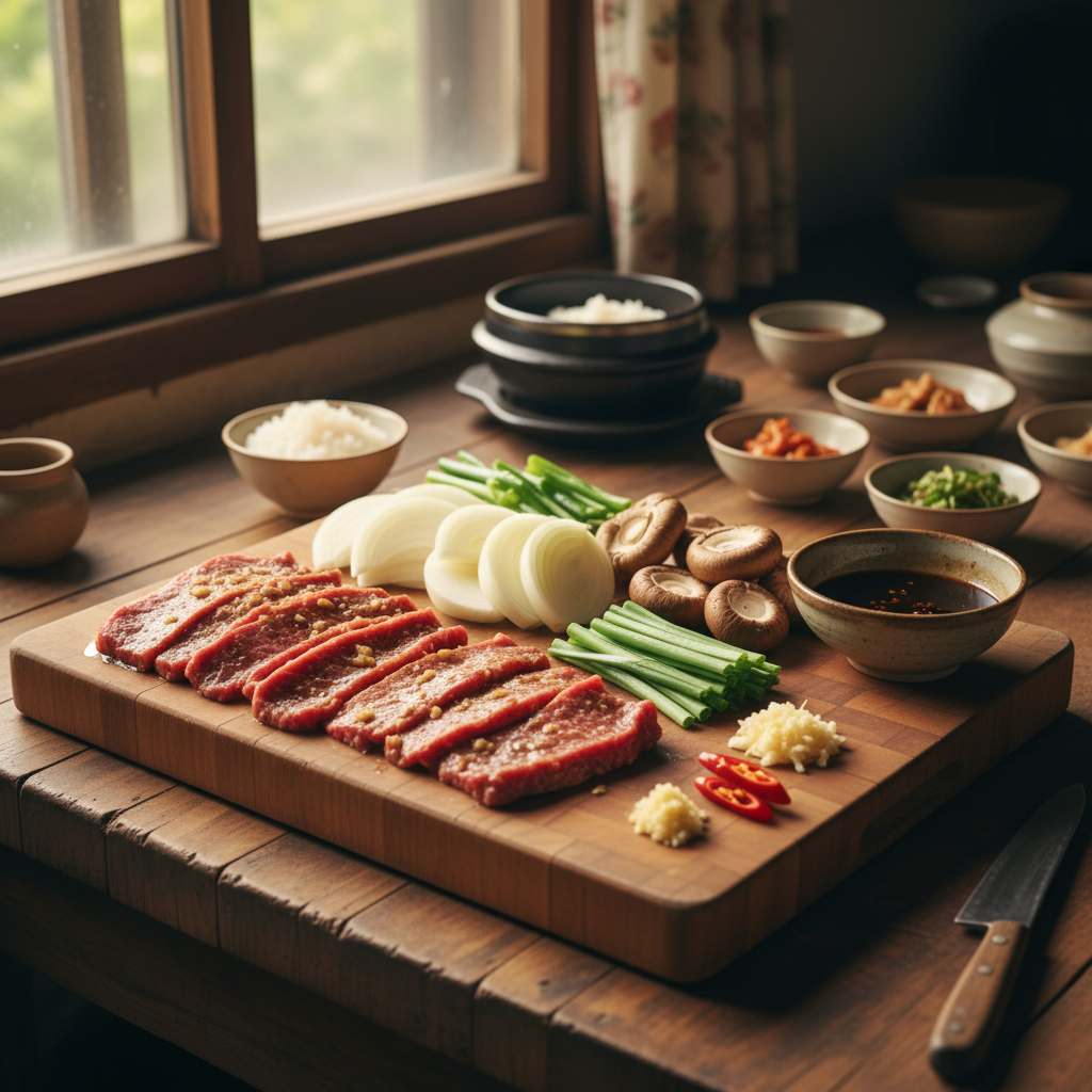 간장불고기 도마 위에 채소와 부재료를 정리한 이미지