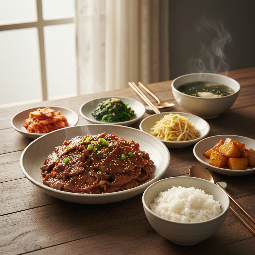 간장불고기 완성된 음식과 반찬을 함께 차린 이미지