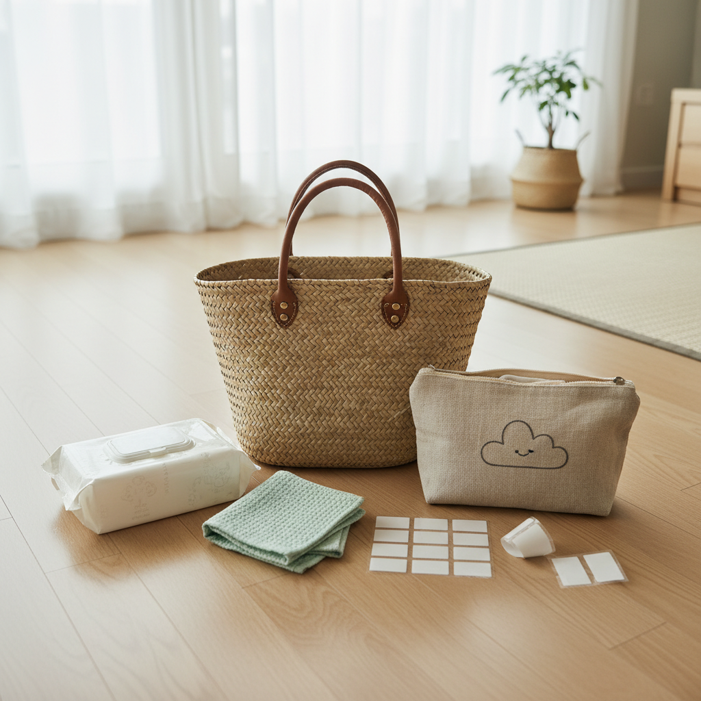 등원 준비 바구니와 아이 외출 소품이 정리된 밝은 실내 장면