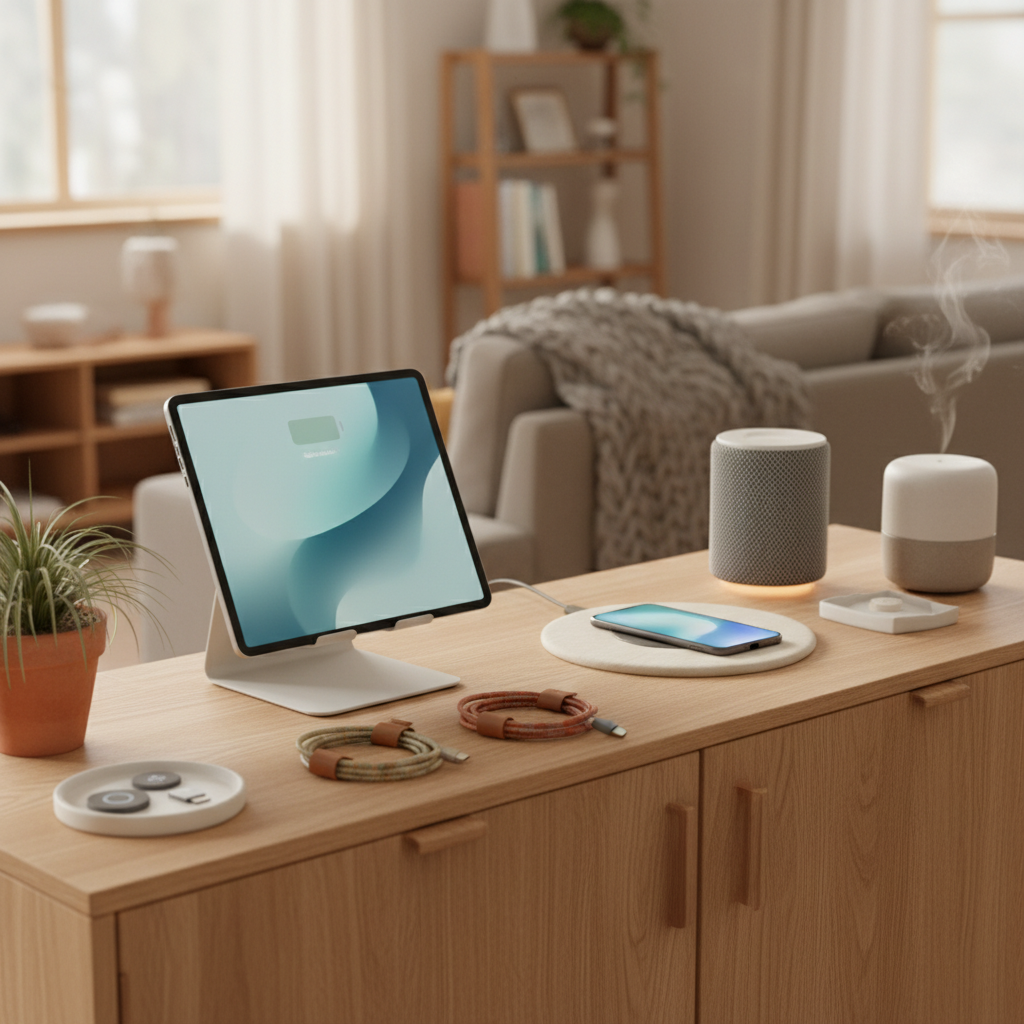집 안 디지털 기기와 충전선, 태블릿, 소형 가전을 정돈한 생성 이미지