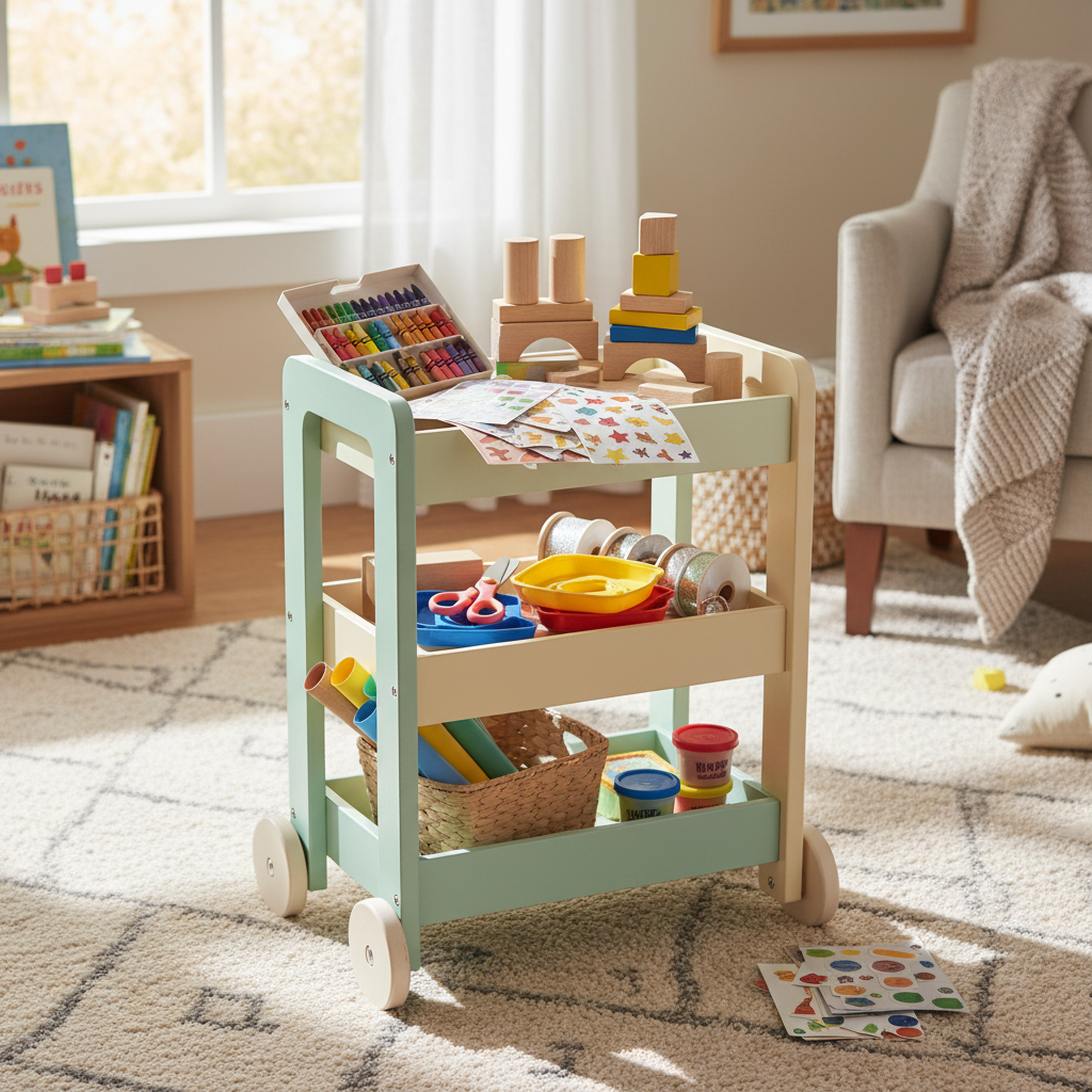 아이 장난감 수납 카트와 만들기 재료를 정돈한 생성 이미지