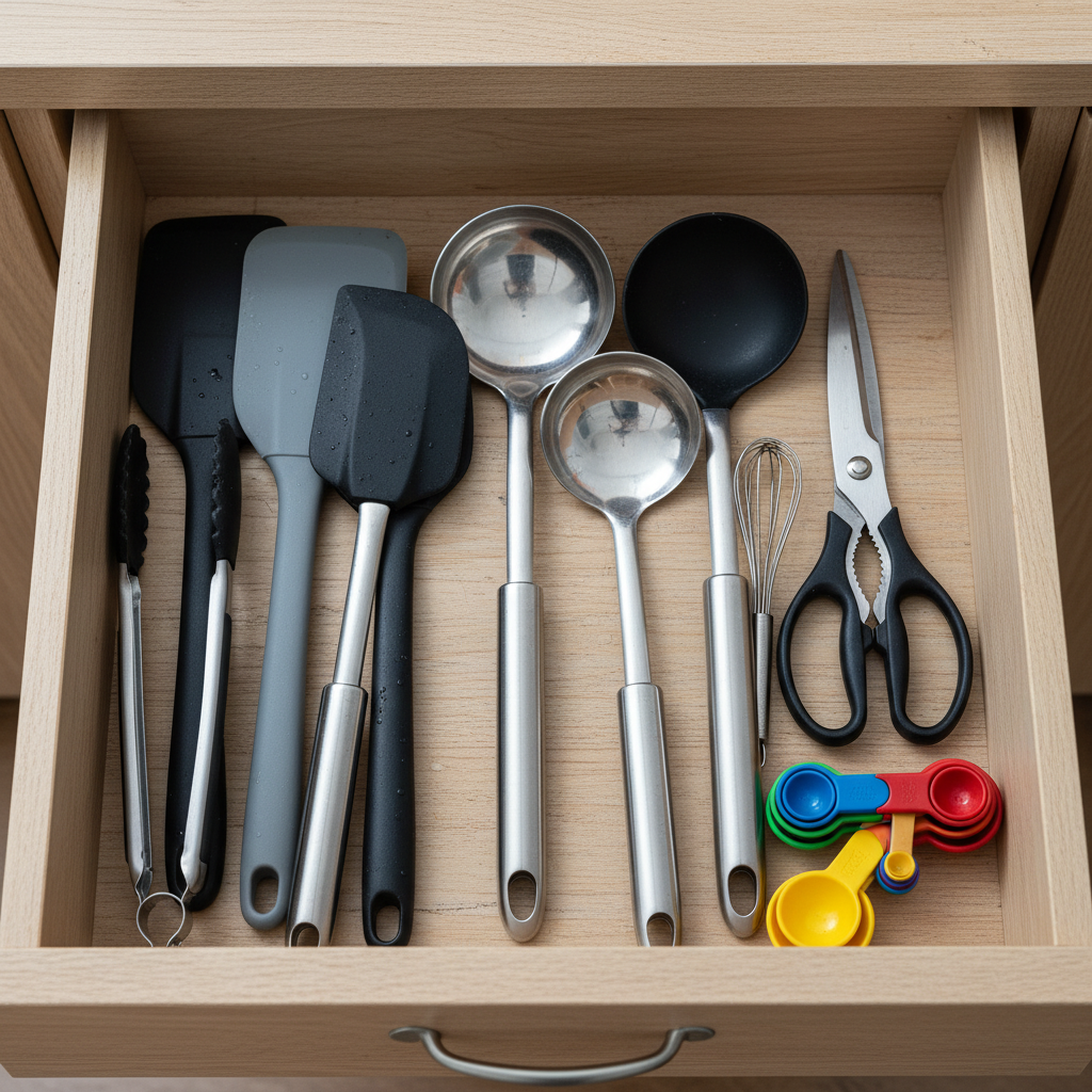 주방 서랍에 도구를 순서대로 정리한 이미지