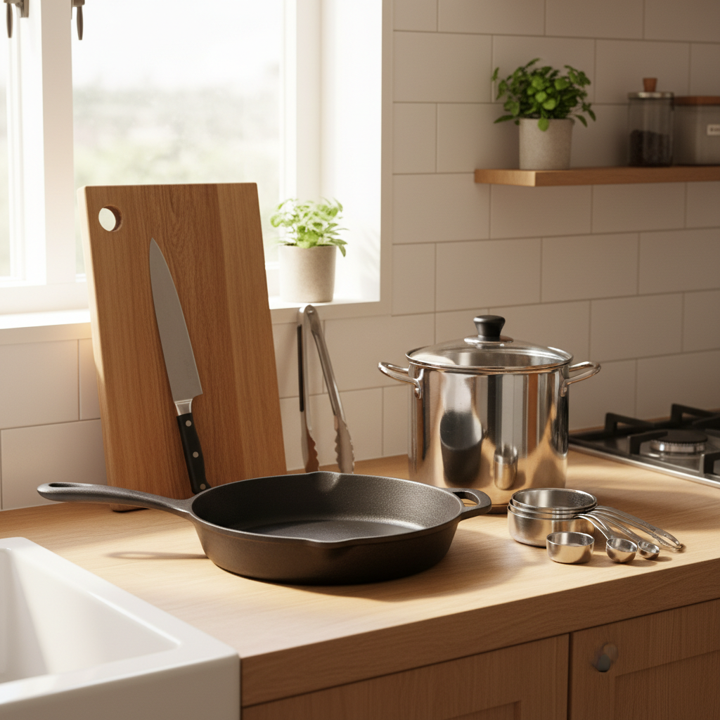 프라이팬과 냄비, 도마를 함께 정리한 주방식기 이미지