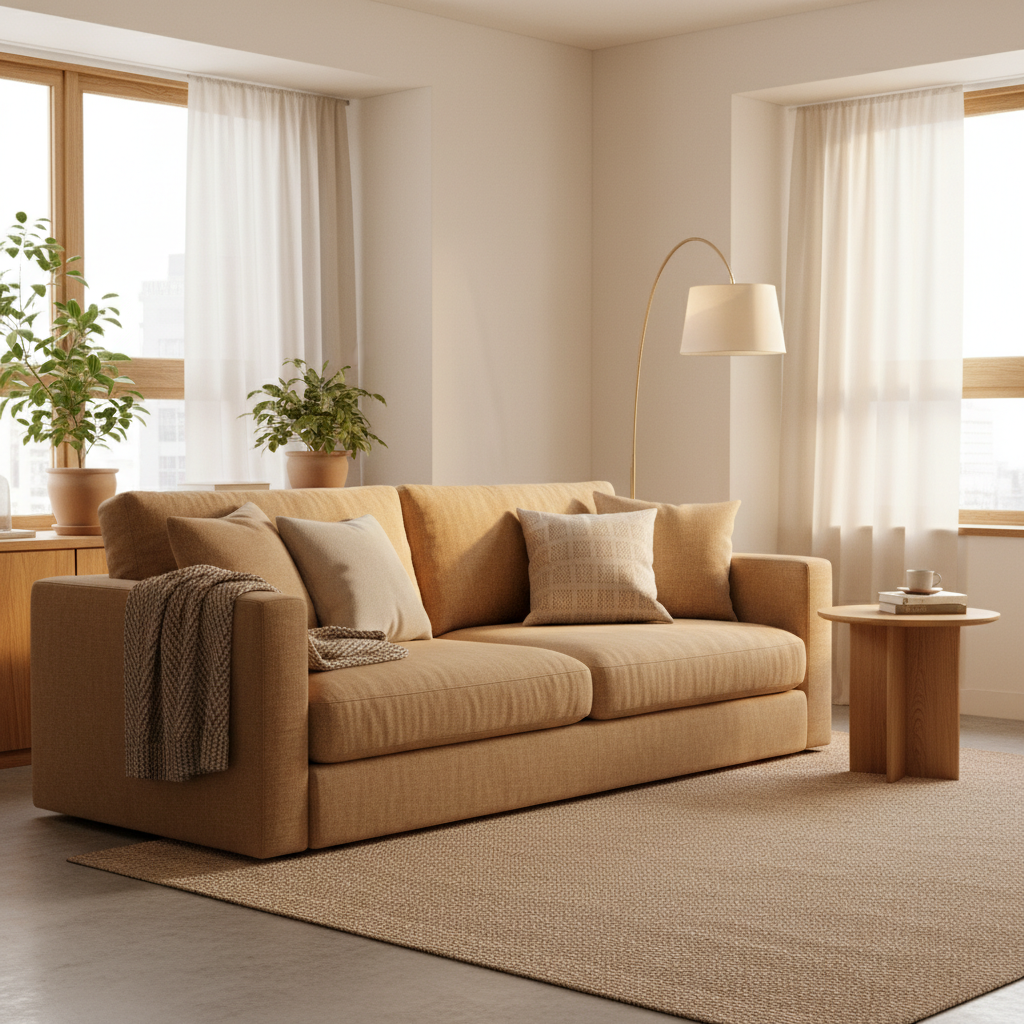 거실 소파와 쿠션, 스탠드 조명을 따뜻하게 정돈한 생성 이미지