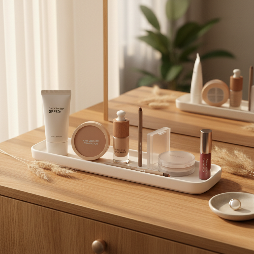 쿠션과 립, 브로우를 한 트레이에 정리한 메이크업 이미지