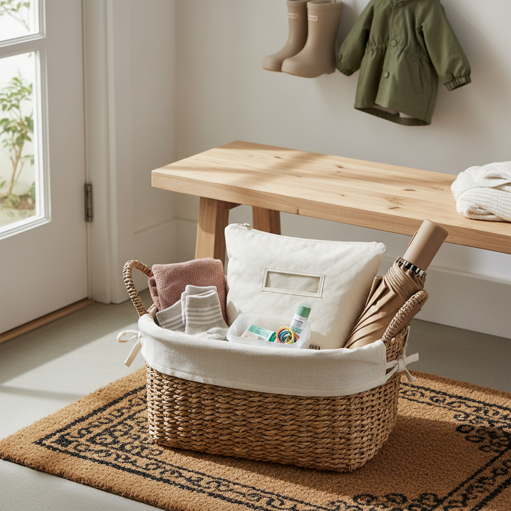 현관 앞에 방수 파우치와 수건, 양말을 한 칸으로 모아둔 생성 이미지