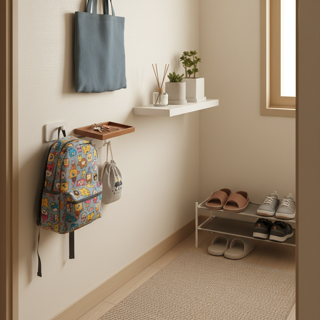 좁은 현관에 아이 가방과 실내화 주머니, 키 트레이를 정돈한 생성 이미지